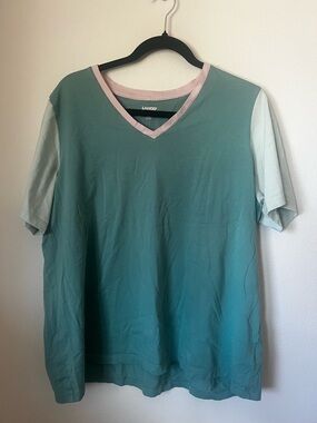 Lands’ End Women’s 1X Colorblock V-Neck Tee Teal Pink Short Sleeve Casual Top